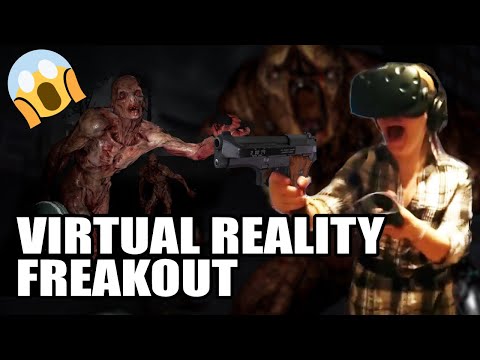 Girl freaks out playing zombie VR game. But survives to the end due to pure adrenaline!
